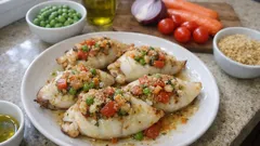 Baked Stuffed Cuttlefish with Peas and Tomatoes—Crispy Breadcrumb Top, Light Italian Style